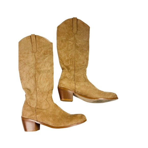 Womens Faux Leather Knee High Block Heels Western Cowboy Work Boots Tan Size 41 - Picture 2 of 13